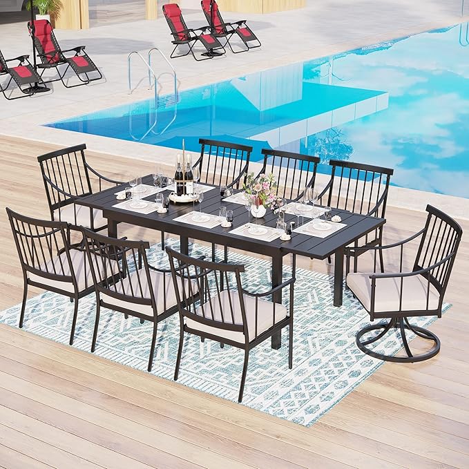 MFSTUDIO Patio Dining Set for 8, Expandable Patio Table and Chairs Set, 9 Piece Metal Outdoor Dining Set, Outdoor Patio Furniture Set for Deck Backyard Poolside Garden