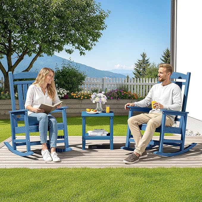 SERWALL Patio Rocking Chairs Set of 2, HDPE Outdoor Rocking Chair, All-Weather Porch Rockers for Adults, Blue