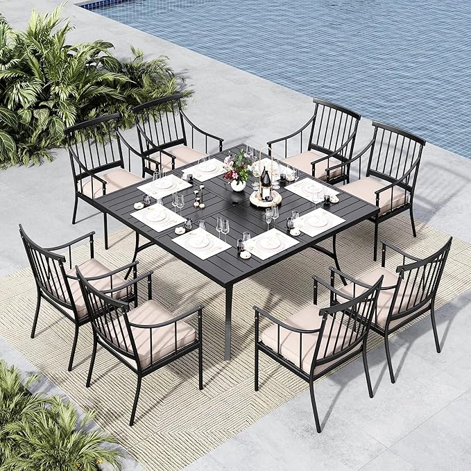 MFSTUDIO 9PCS Metal Patio Dining Set, 1 Square Outdoor Table of 1.57" Umbrella Hole and 8 Armchairs with Removable Cushions for Porch Backyard Balcony Deck