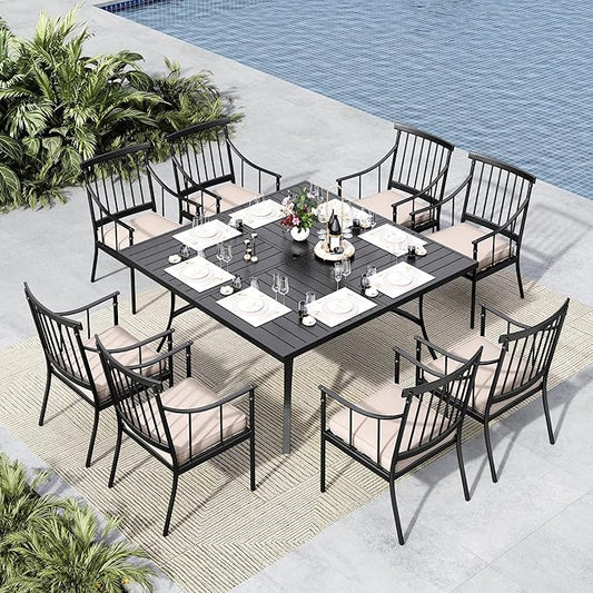 MFSTUDIO 9PCS Metal Patio Dining Set, 1 Square Outdoor Table of 1.57" Umbrella Hole and 8 Armchairs with Removable Cushions for Porch Backyard Balcony Deck