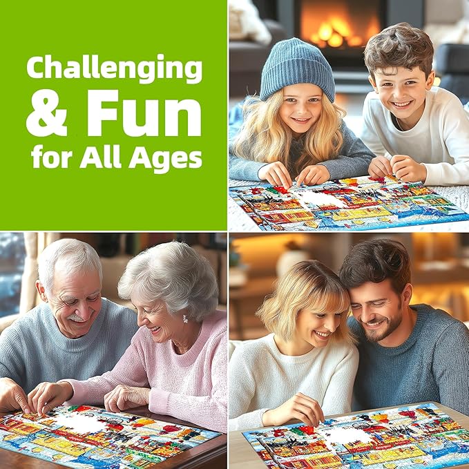 Winter Holiday Scene Jigsaw Puzzle, 1000 Pieces, Colorful Christmas Village Snow Landscape, Family Entertainment