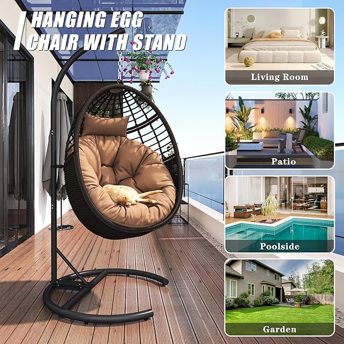 Hanging Egg Chair Hammock Chair with Stand Wicker Rattan Chairs for Indoor Outdoor Patio Bedroom Swing Chair with Steel Frame and Soft Cushion