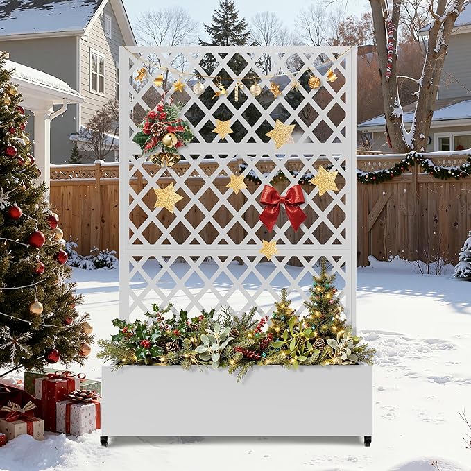 FENCY Metal Planter Box with Diamond Lattice Trellis Planter Box for Climbing Plants/Vines, Galvanized Raised Garden Bed On Wheels, Garden Bed with Trellis(73"x47" White)