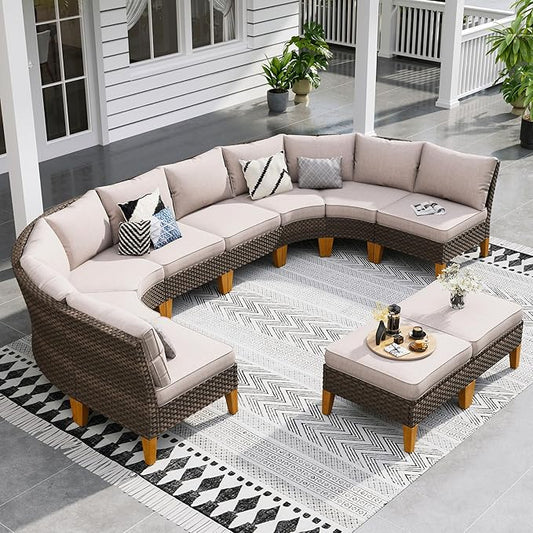 Sophia & William Patio Furniture Set, 10 Piece Half Moon Outdoor Wicker Sectional Sofa Set, High Back Rattan Conversation Set with Ottoman for Backyard, Deck, Pool(Beige)