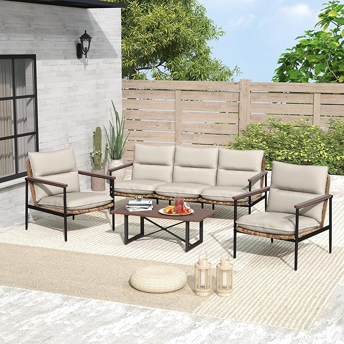 4-Piece Patio Furniture Sets, All Weather Rattan Patio Conversation Set with Aluminum Frame, 3-Seat Sofa, 2 Chairs and Coffee Table, Smooth Wooden Armrest & Olefin Cushion for Yard Deck Porch