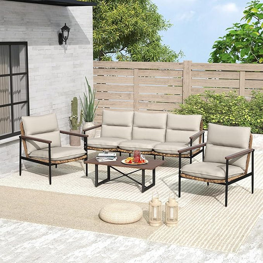 4-Piece Patio Furniture Sets, All Weather Rattan Patio Conversation Set with Aluminum Frame, 3-Seat Sofa, 2 Chairs and Coffee Table, Smooth Wooden Armrest & Olefin Cushion for Yard Deck Porch