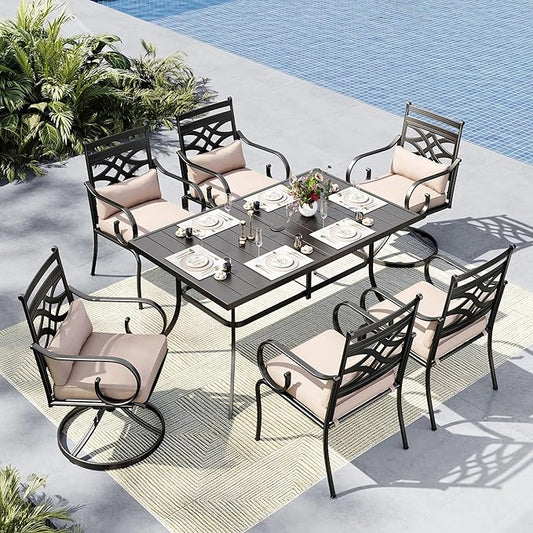 MFSTUDIO Outdoor Dining Set for 6, Patio Table and Chairs Set with Umbrella Hole, Patio Dining Set with 4 Leg Chairs & 2 Swivel Chairs, 7 Piece Patio Furniture Set for Deck Backyard Garden