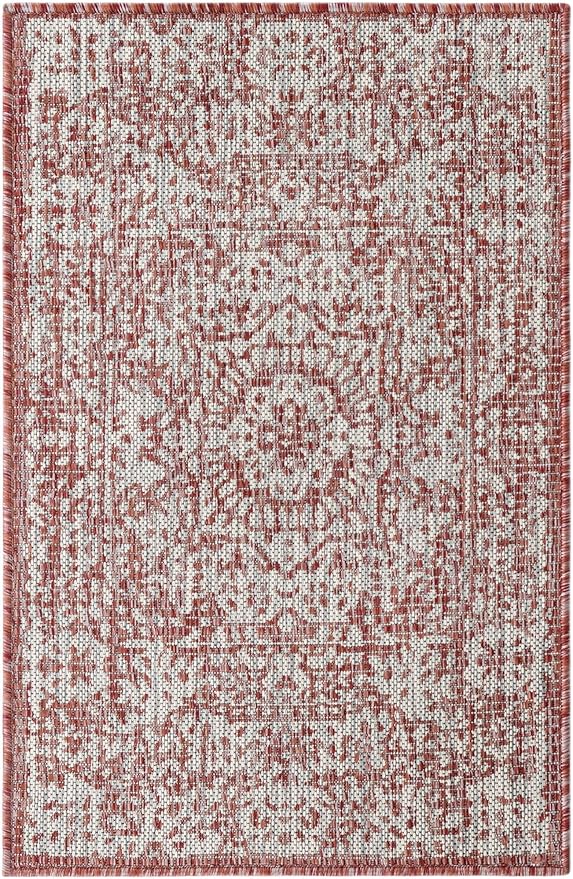 Unique Loom Outdoor Traditional Collection Area Rug - Timeworn (2' x 3' 1" Rectangle Rust Red/Gray)