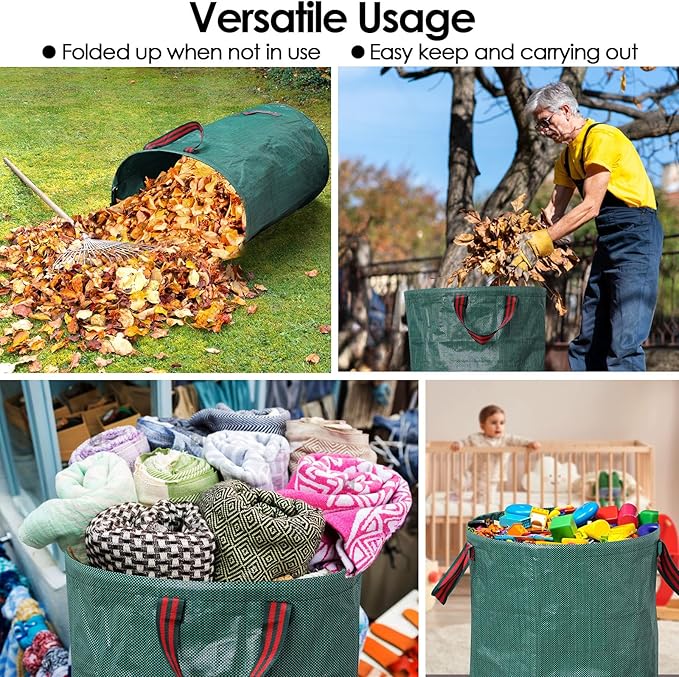 3-Pack 72 Gallon Yard Waste Bags, Reusable Heavy Duty Collapsible Garden Leaf Bags with Plastic Ring,with Gardening Gloves,Stand-Up Yard Waste Bin for Leaves, Lawn Debris & Grass Clippings