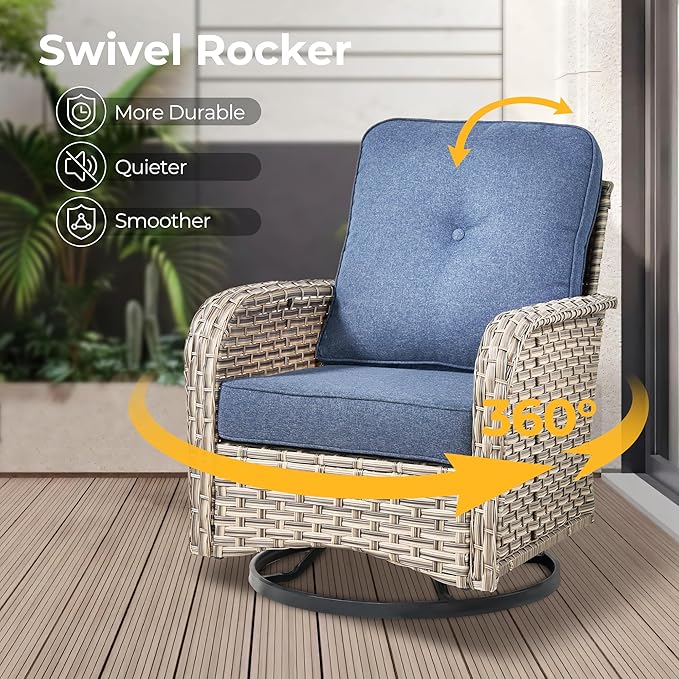 HOOOWOOO Outdoor Sectional Patio Furniture Set with Fire Pit Table,15 Pieces Wicker Conversation Sets L Shaped Couch,Extra Deep Out Door Sofa Outside Furniture with Swivel Chairs Ottoman,Denim Blue