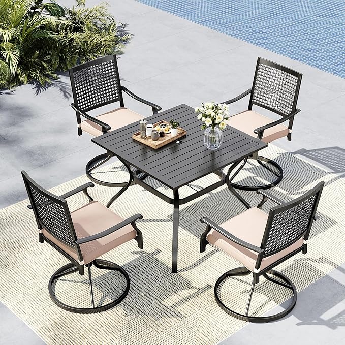 MFSTUDIO 5 PCS Patio Dining Sets with 4 Swivel Chairs and 1 Square Metal Table with Umbrella Hole, Outdoor Furniture for 4, Black