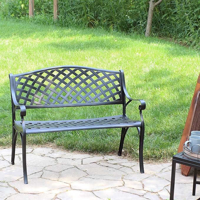 Sunnydaze 39-Inch Outdoor Bench for Patio or Park - Metal Garden Bench for Outdoors - Front Porch or Backyard Seat for Two - Black