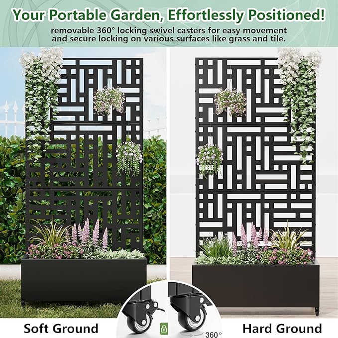 Casaphoria Raised Garden Bed Metal Planter Box with Trellis, 72"x35"x16" for Outdoor Climbing Plants, Flowers Vegetables and Vines Privacy Screen with Wheels and Drainage Holes(Black Street)