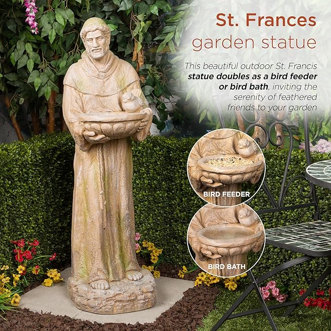 Alpine Corporation QFC107-201 Old World St. Francis Statue with Bird Feeder and Mossy Finish, 45" H, Tan and Green