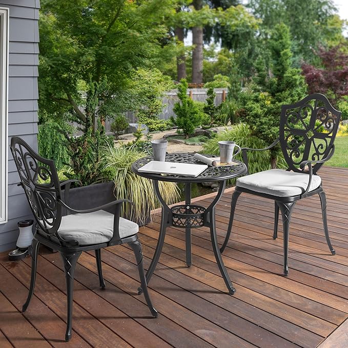 NUU GARDEN 3-Piece Outdoor Bistro Set, Cast Aluminum Patio Bistro Table and Chairs with Umbrella Hole and Grey Cushions, Bistro Set for Patio and Backyard, Black