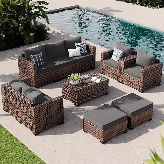 UDPATIO Patio Furniture Set with Storage Coffee Table, 7 Pieces Outdoor Furniture Sets, Wicker Rattan Patio Conversation Sets with Ottoman and Waterproof Covers for Porch Deck Backyard, Grey