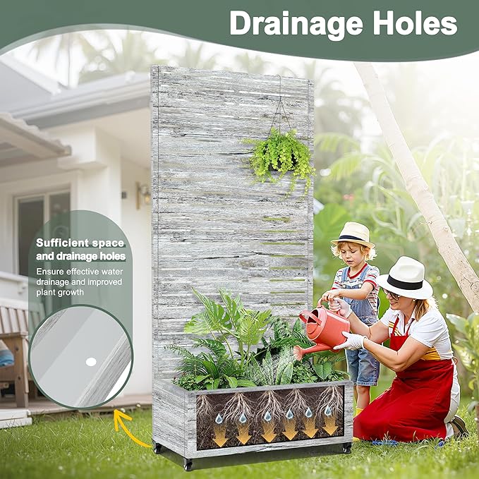 Metal Planter Boxs with Trellis & Wheels for Outdoor Plants, Vines, Large Raised Garden Beds with Drainage Holes for Patio (35" L, Gray Oak Grain)