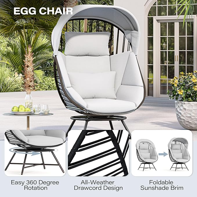 LAUSAINT HOME Oversized 360° Swivel Egg Chair with Cushion & Sunshade Brim, Indoor & Outdoor Egg Chair for Patio, Lounge, Balcony, Grey Cushion & Black Frame