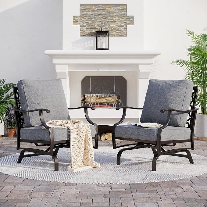 Metal Outdoor Rocker Patio Chairs Set of 2 with 5.75" Extra Thick Cushion, 2 Piece High Back Rocker Patio Chairs All Weather Outdoor Furniture Seating for Deck Balcony Porch, Gray