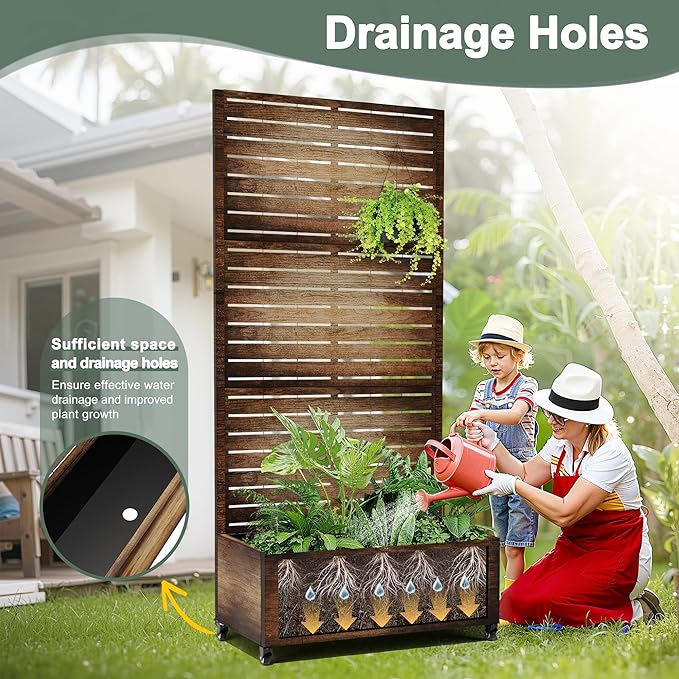 Metal Planter Box with Privacy Screen, Trellis with Planter Box for Climbing Plants, Standing Flower Bed with Wheels & Drainage Holes (35" L, Retro Brown Wood Grain)