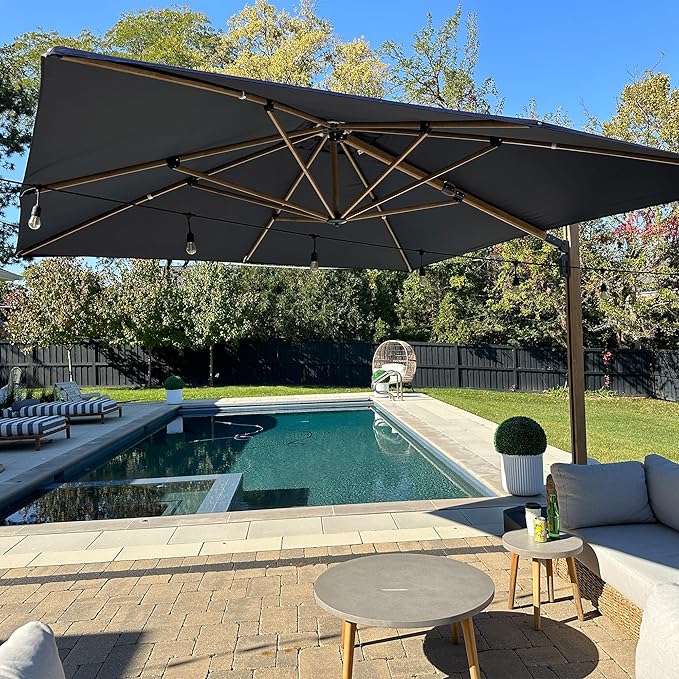 PURPLE LEAF 11FT Patio Umbrella With Base Square Cantilever Umbrella Teak Finished Aluminum Frame Large Windproof Offset Outdoor Sun Umbrellas for Beach Pool Deck, Navy Blue