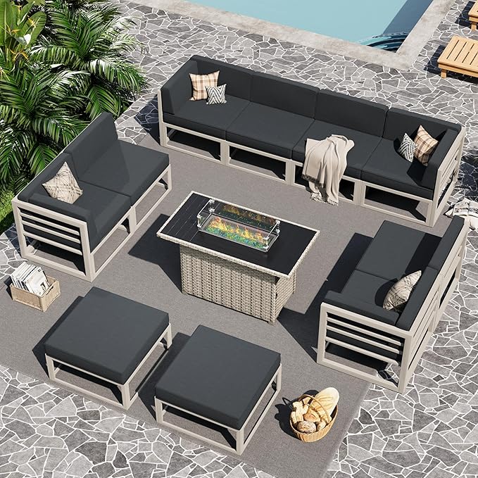 UDPATIO Aluminum Patio Furniture Set with Fire Pit Table, Modular Oversized Outdoor Sectional of Olefin 5 inch Cushion, Coffee Table and Waterproof Cover, Patio Conversation Sets for Porch, Deck