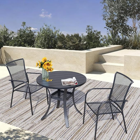 3 Piece Outdoor Dining Set, Patio Dining Set for 2, 27.6" Metal Round Table with 2 Black Metal Mesh Outdoor Dining Chairs with Armrest for Lawn, Garden, or Porch