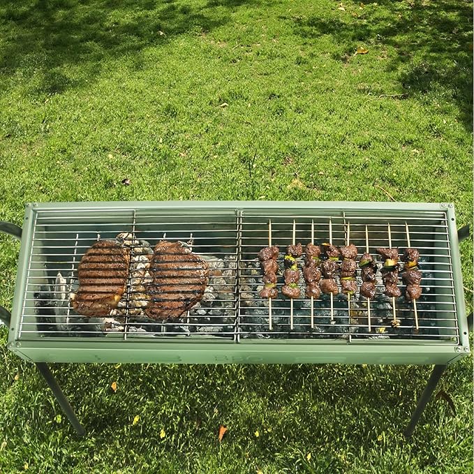 Portable Stainless Steel Grill is a home charcoal grill and outdoor grill perfect for travel, outdoor cooking and grilling, camping, and picnics.