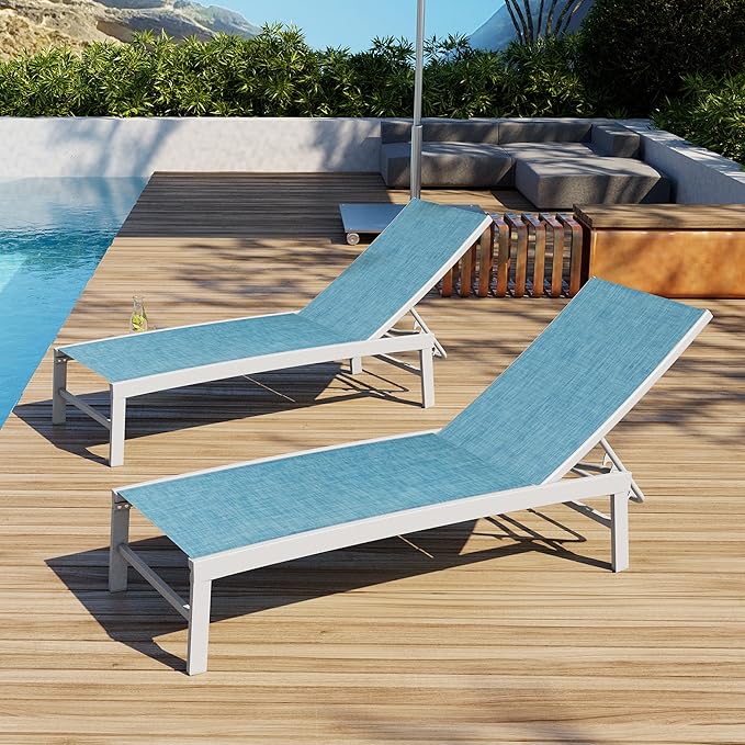 Patio Aluminum Chaise Lounge Chair, Set of 2 Outdoor Recliner Lounge Chair Sun Loungers, All Weather Chaise with 5 Adjustable Backrest and Lay Flat Positions for Garden, Balcony, Pool
