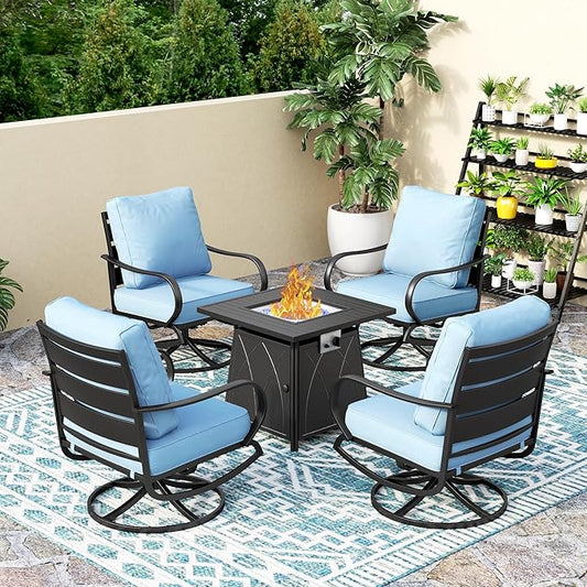 PHI VILLA 5 Piece Patio Furniture Set with 28" Firepit Table, 4 Outdoor 5.75" Cushioned Metal Frame Swivel Sofa Chairs & 28" Gas Firepit Table, Outside Furniture Set for Lawn Garden(Light Blue)