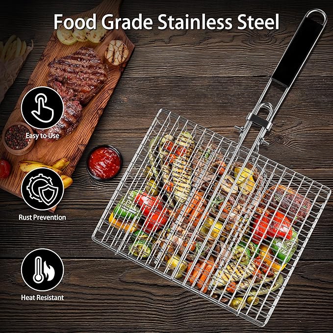 Pleafind Grill Basket Set - 8 PCS, Portable BBQ Grilling Basket with Removable Handle, Stainless Steel Grill Baskets for Outdoor Grill, Includes Silicon Brush, Steel Clip and 4 Skewers