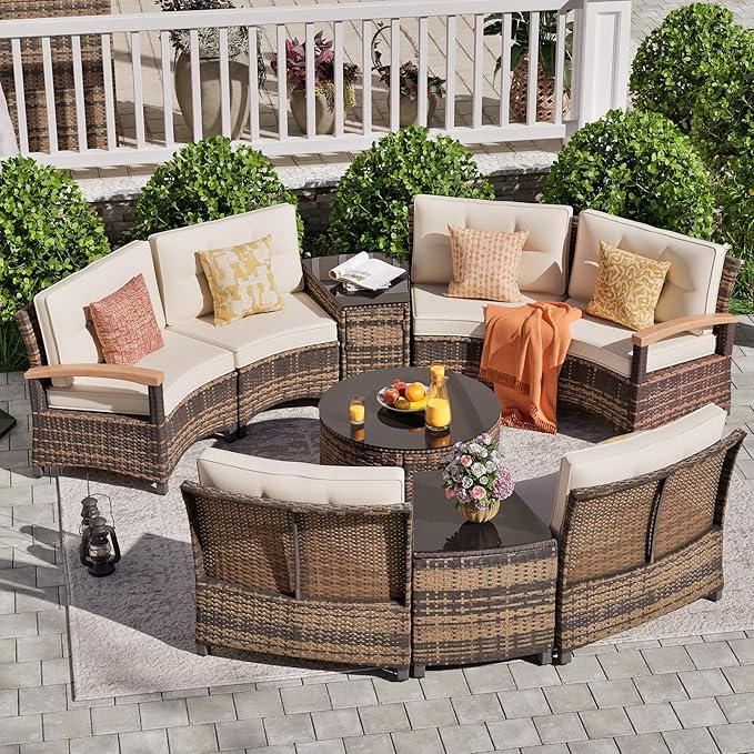 MEISSALIVVE 9 Piece Outdoor Patio Furniture Set, Half-Moon Curved Sectional Sofa Rattan Conversation Set with Wood Armrests, Coffee Table & Side Table（Brown）