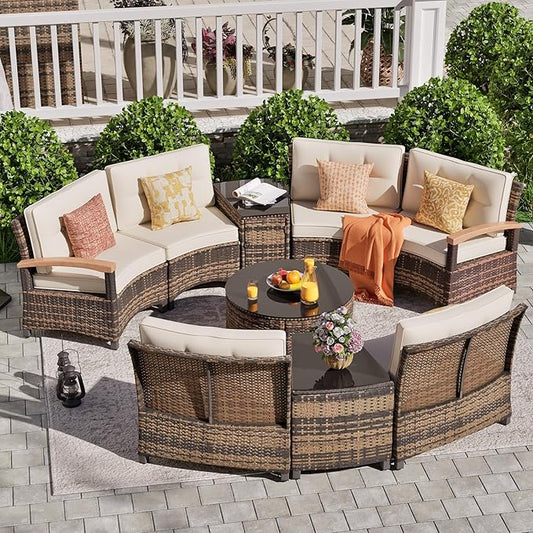 MEISSALIVVE 9 Piece Outdoor Patio Furniture Set, Half-Moon Curved Sectional Sofa Rattan Conversation Set with Wood Armrests, Coffee Table & Side Table（Brown）