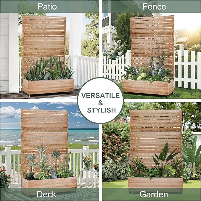 Metal Planter Box with Trellis Privacy Screen, Outdoor Raised Garden Beds with Wheels & Drainage Holes (47" L, Brown Oak Grain)