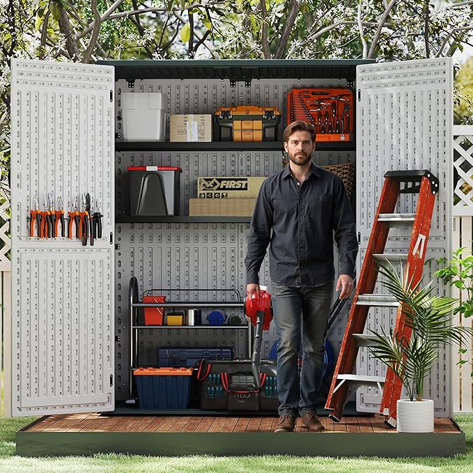Vertical Resin Storage Shed, 60 Cuft Garden Tool Sheds & Outdoor Storage, Plastic Outdoor Storage Cabinet Waterproof, 4.5 x 2.3 ft Backyard Outside Lawn Mower Storage Shed, Light Grey