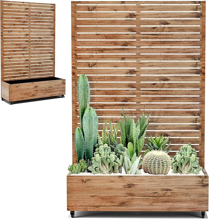 Metal Raised Garden Beds with Trellis and Wheels for Climbing Plants, Flowers, Large Planter Box with Privacy Screen & Drainage Holes for Patio (47" L, Brown Log Grain)