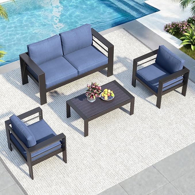 Solaste Outdoor Aluminum Furniture Set - 4 Pieces Patio Sectional Chat Sofa Conversation Set with Table,Black Frame and Blue Cushion