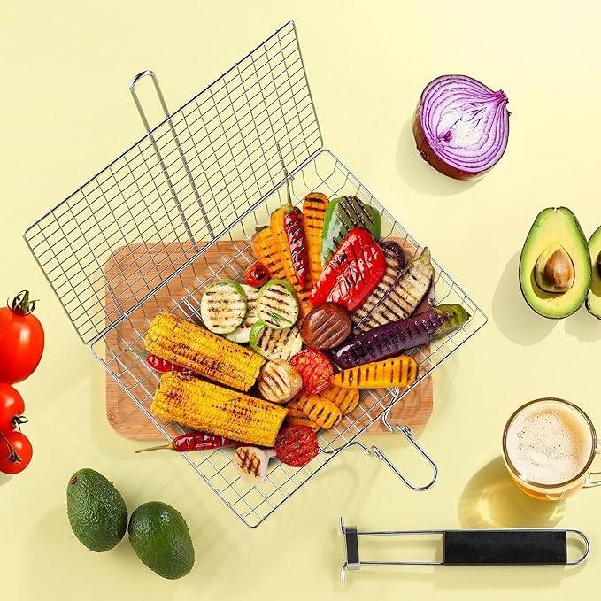 Pleafind Grill Basket Set - 8 PCS, Portable BBQ Grilling Basket with Removable Handle, Stainless Steel Grill Baskets for Outdoor Grill, Includes Silicon Brush, Steel Clip and 4 Skewers