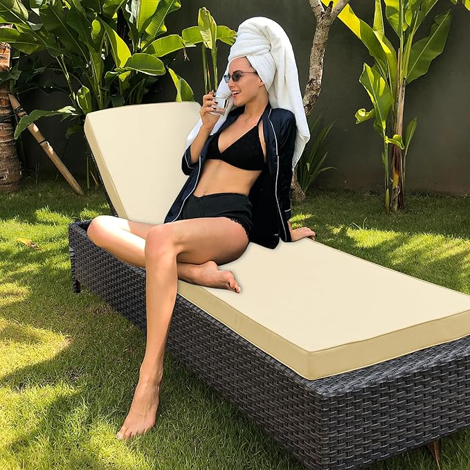 Chaise Lounge Cushion for Outdoor Furniture, Waterproof Fade and Tear Resistant Lounge Deck Chair Cushions for Patio Lawn Pool Resort Hotel, 72x21x3 Inch, Beige