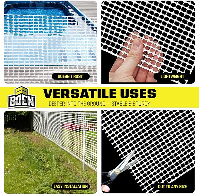 BOEN 4' x 100' White Temporary Fencing, Mesh Snow Fence, Plastic, Safety Garden Netting, Above Ground Barrier, for Deer, Kids, Swimming Pool, Silt, Lawn, Rabbits, Poultry, Dogs