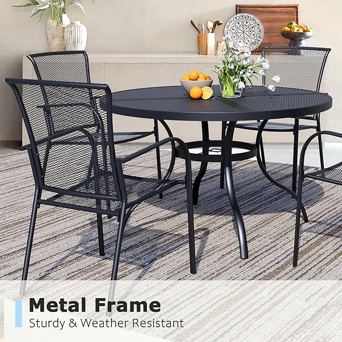 7 Piece Outdoor Dining Set, Patio Dining Set for 6, 47" Mesh Round Table with 6 Black Metal Mesh Outdoor Dining Chairs with Armrest for Lawn, Garden, or Porch