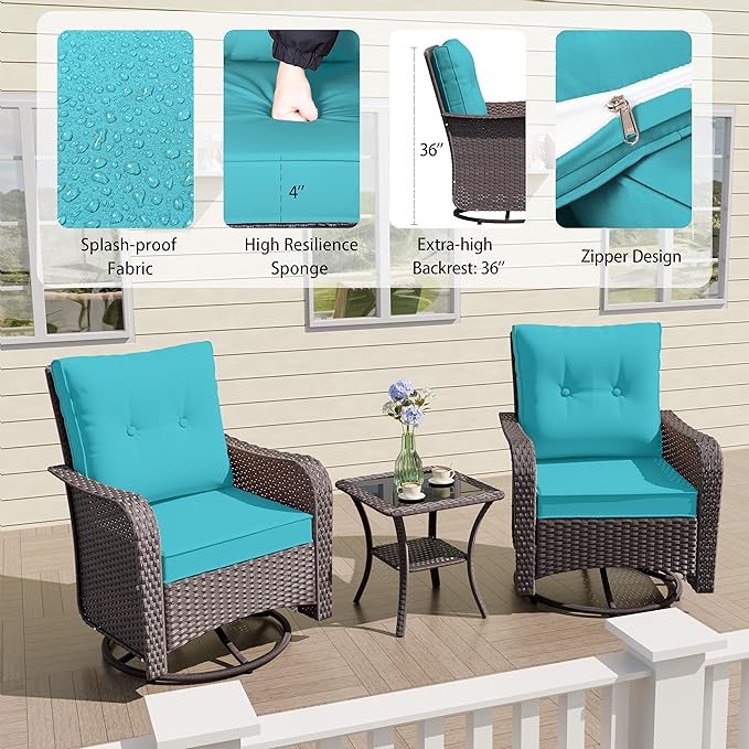 ALAULM Outdoor Swivel Rocking Chairs Set of 2 with 4”Thick Cushions and High Back,Wicker Patio Chairs w/Side Table for Patio, Porch, Poolside, Deck, Backyard, Garden-Blue