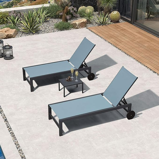 PURPLE LEAF Patio Lounge Chair Set for 2 Outdoor Chaise Lounge with Adjustable Backrests and Wheels Aluminum Reclining Pool Chair for Outside Yard Poolside Table Included, Teal