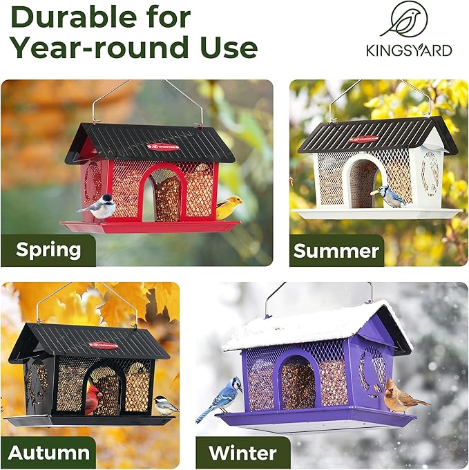 Kingsyard Metal Bird Feeders for Outdoors Hanging, Wild Bird Feeder with Seed Tray and Weatherproof Roof, 3 lbs Seed Capacity, Purple