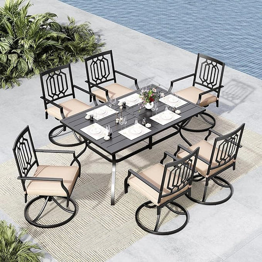 MFSTUDIO 7-Piece Metal Outdoor Patio Dining Furniture Set with 6 Swivel Armrest Chairs and Steel Frame Slat Larger Rectangular Table with 1.57 Umbrella Hole for Poolside, Porch, Backyard