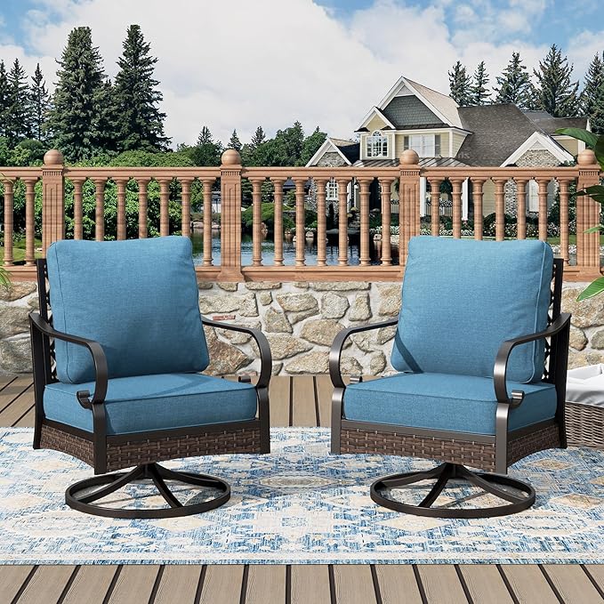 Outdoor Patio Swivel Sofa Chairs Set of 2 Steel Frame Porch Furniture with Deep Seating and 5.75" Cushions for Lawn Backyard Deck, Navy Blue