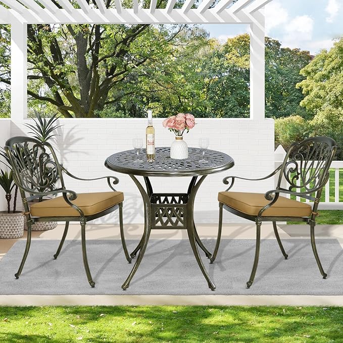 MEETWARM 3 Piece Patio Bistro Set, Outdoor All-Weather Cast Aluminum Dining Furniture Set Includes 2 Cushioned Chairs and a 31” Round Table with Umbrella Hole for Garden Deck