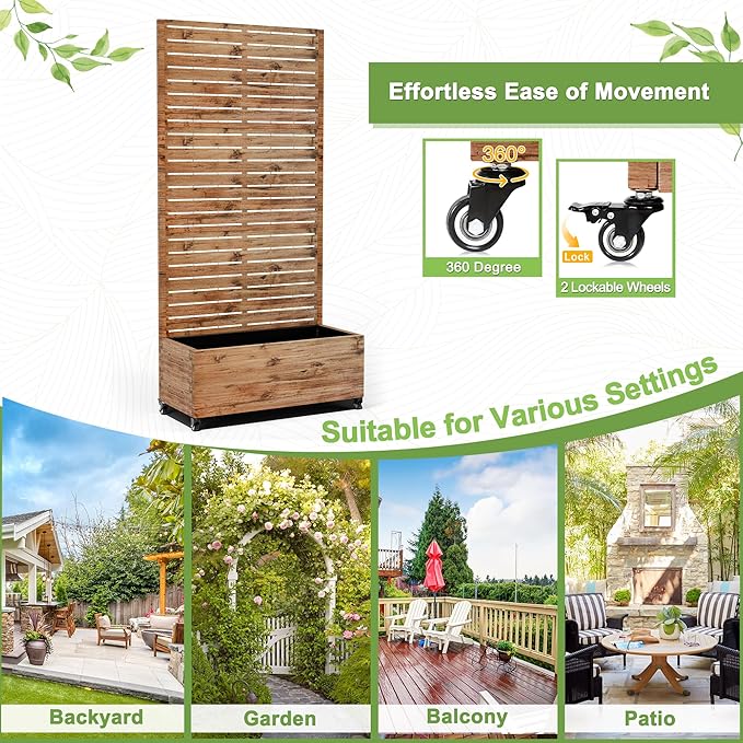 FENCY Metal Raised Garden Bed with Wheels and Trellis,73"x35"x16" Planter Box for Climbing Plants, Vegetables & Vines, Features Privacy Screen and Drainage Holes (Wood Color)