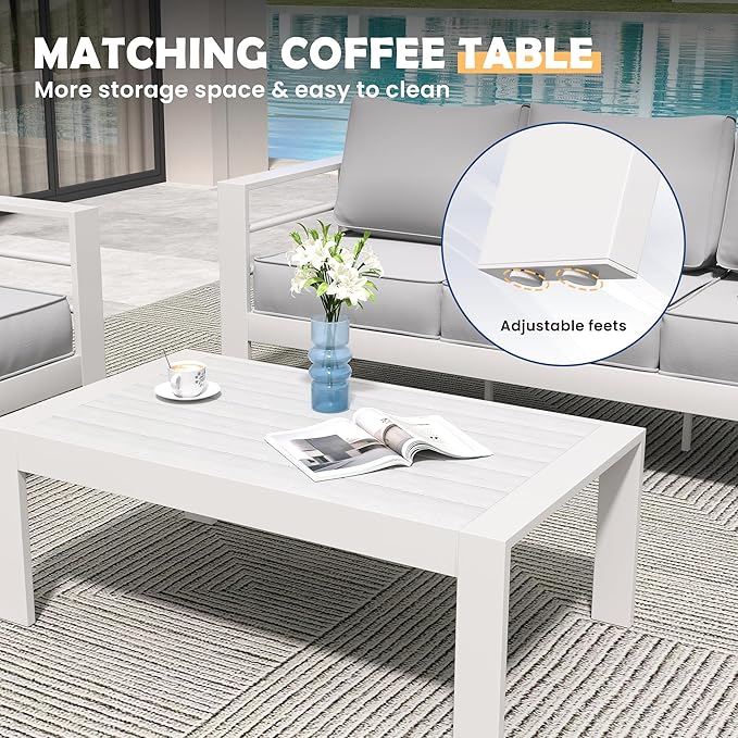 Amopatio Aluminum Patio Furniture Set, 10 Pieces Modern Patio Conversation Sets, Outdoor Sectional Metal Sofa with Coffee Table for Balcony, Garden, White (Included Waterproof Covers)