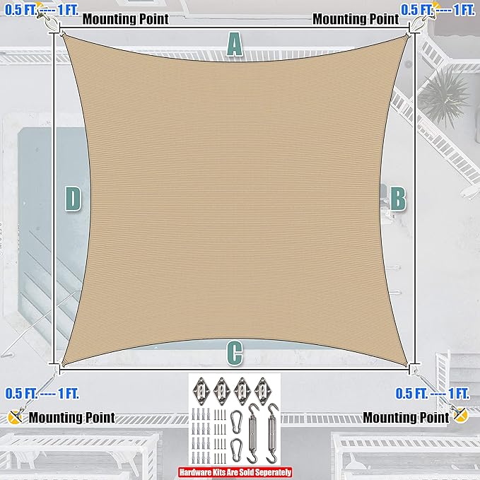 Amgo Custom Size 12' x 18' Sand Beige Rectangle Square Sun Shade Sail UPF50+ AGTAPR1620, Order to Make Canopy Awning, 95% UV Blockage, Water & Air Permeable, Commercial and Residential (We Customize)